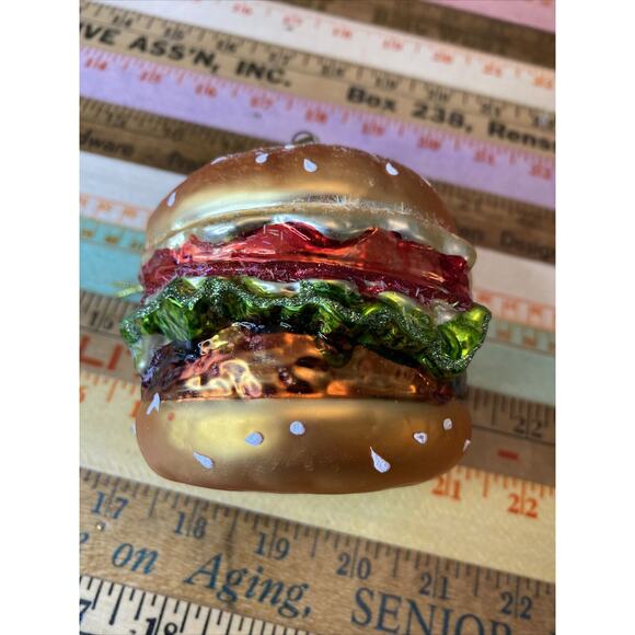Hamburger Cheeseburger Christmas Ornament Hand Blown ART Glass Burger - Picture 5 of 11